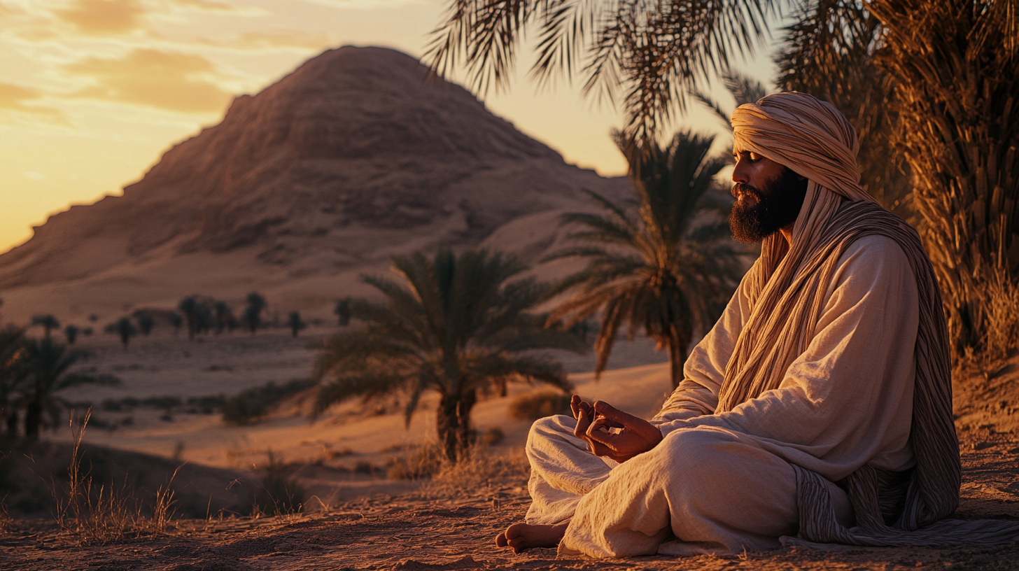 Noah meditates in desert oasis at dawn, 2000BC