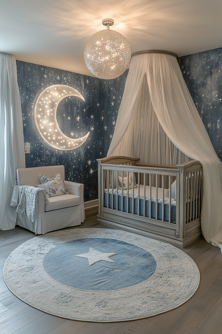 Nursery with moonlit wallpaper, starry rug, crib, gentle lighting.