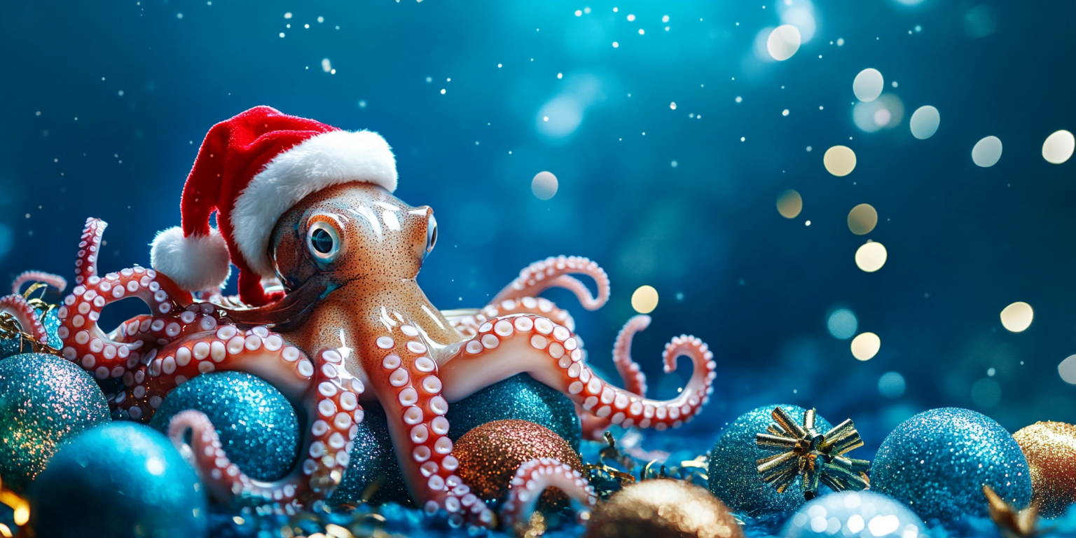 Octopus Santa with Christmas balls in blue water