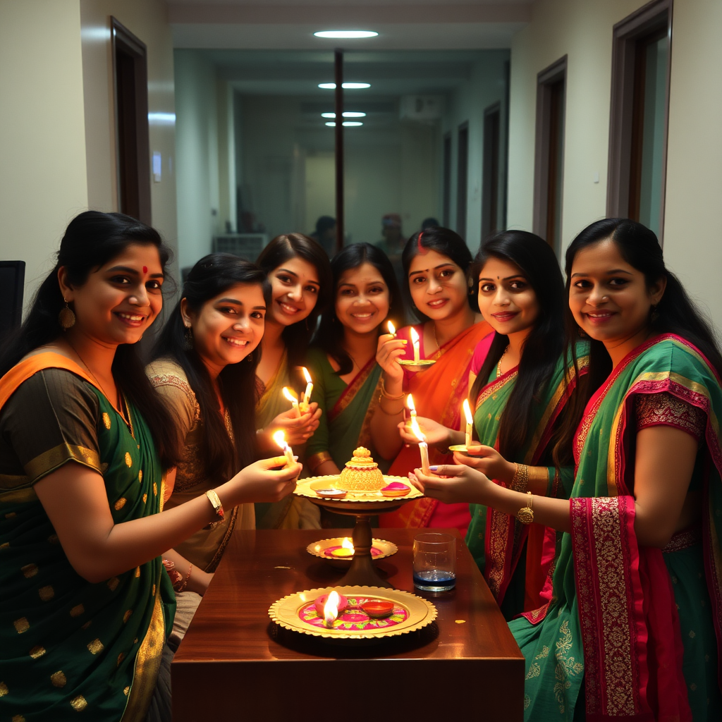 Office girls celebrate Diwali together at work.