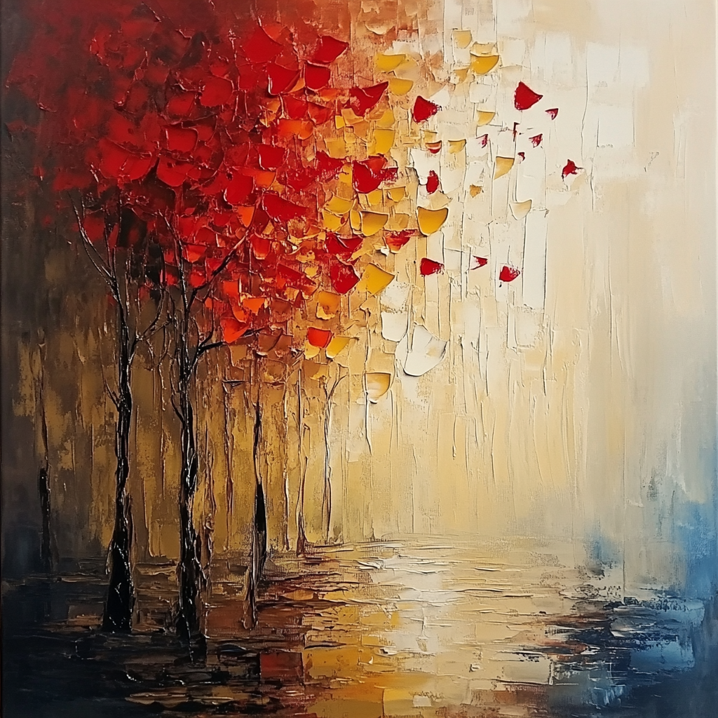 Oil painting for home office, warm colors, small knife marks.