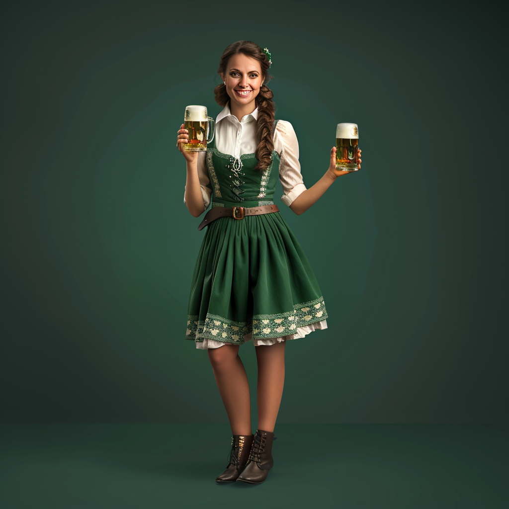 Oktoberfest Woman in Green Dirndl Holding Beer