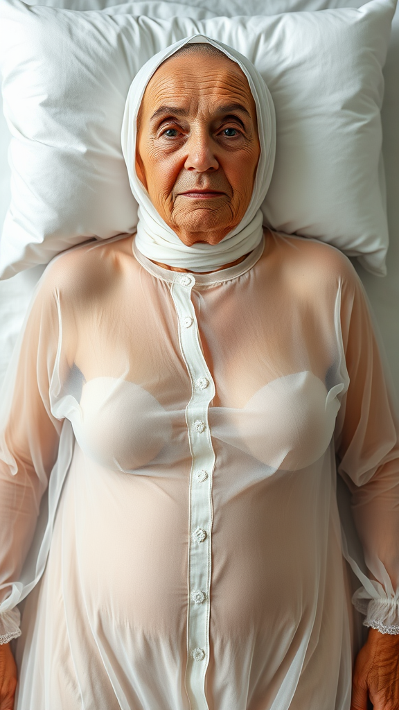 Old Bulgarian Woman Resting in Transparent Gown