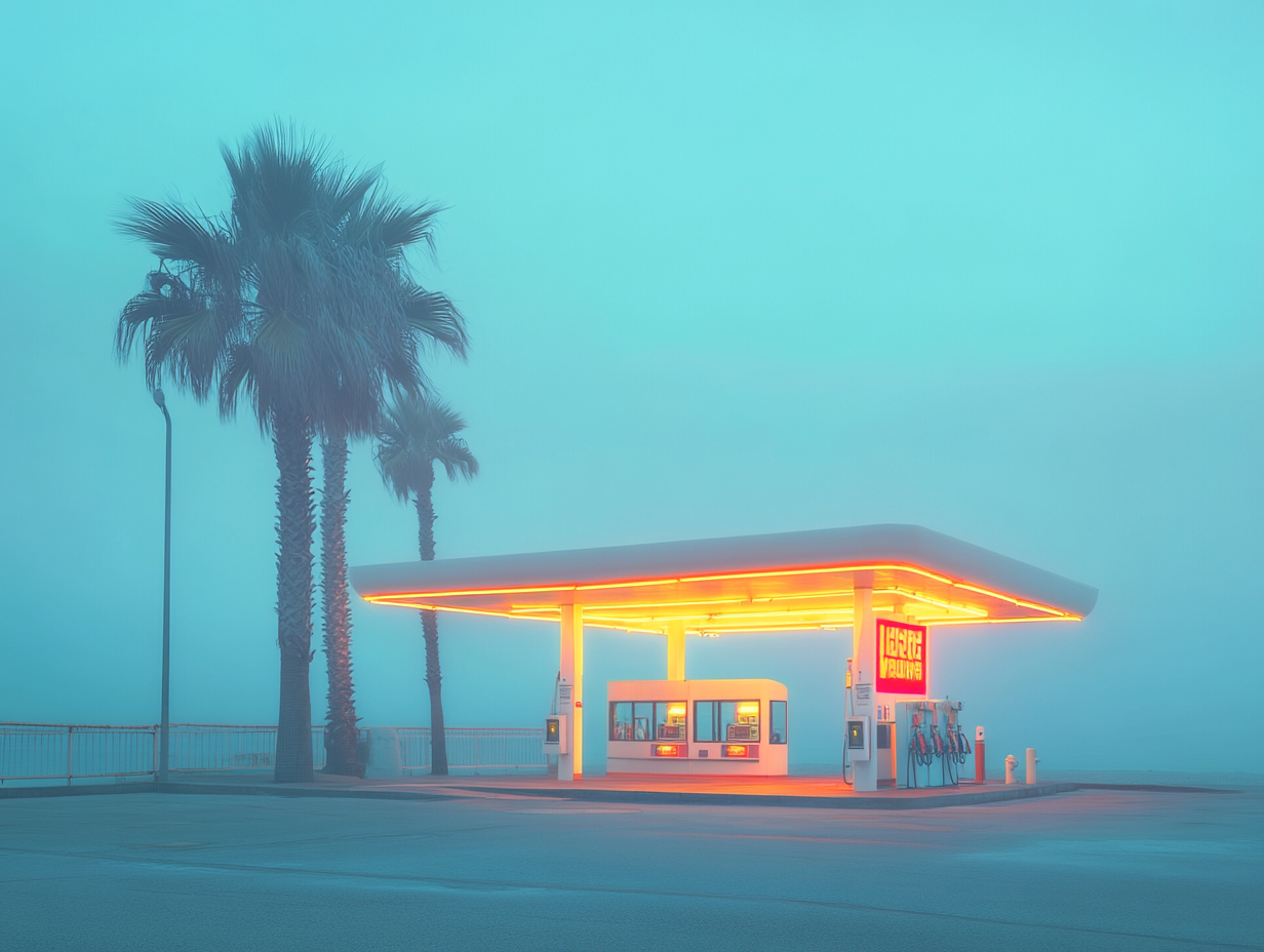 Old Gas Station by Sea with Palm Trees