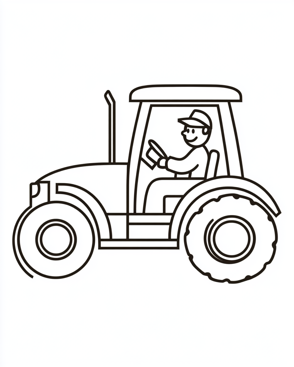 Old MacDonald drives a tractor in a coloring page.