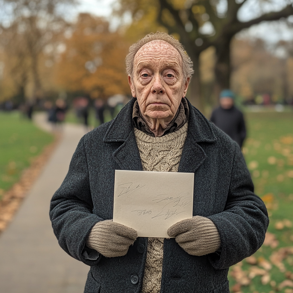 Old Man in Park Holding Envelope