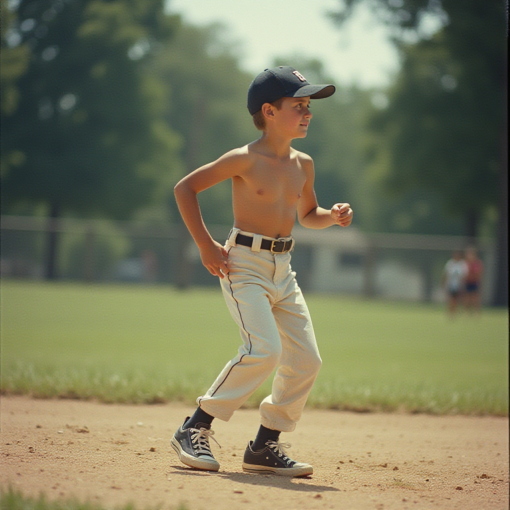Old Photo of Teen Playing Baseball in 1980s Suburb