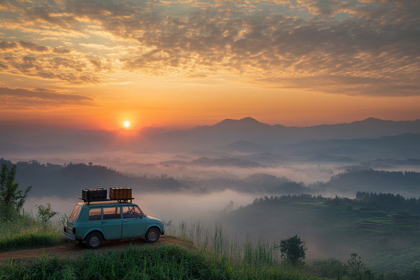 Old car with suitcases under beautiful sunrise scenery