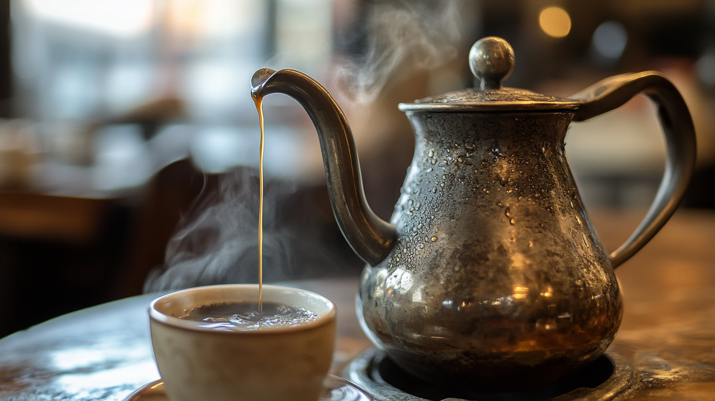 Old coffee pot pours dark liquid in café