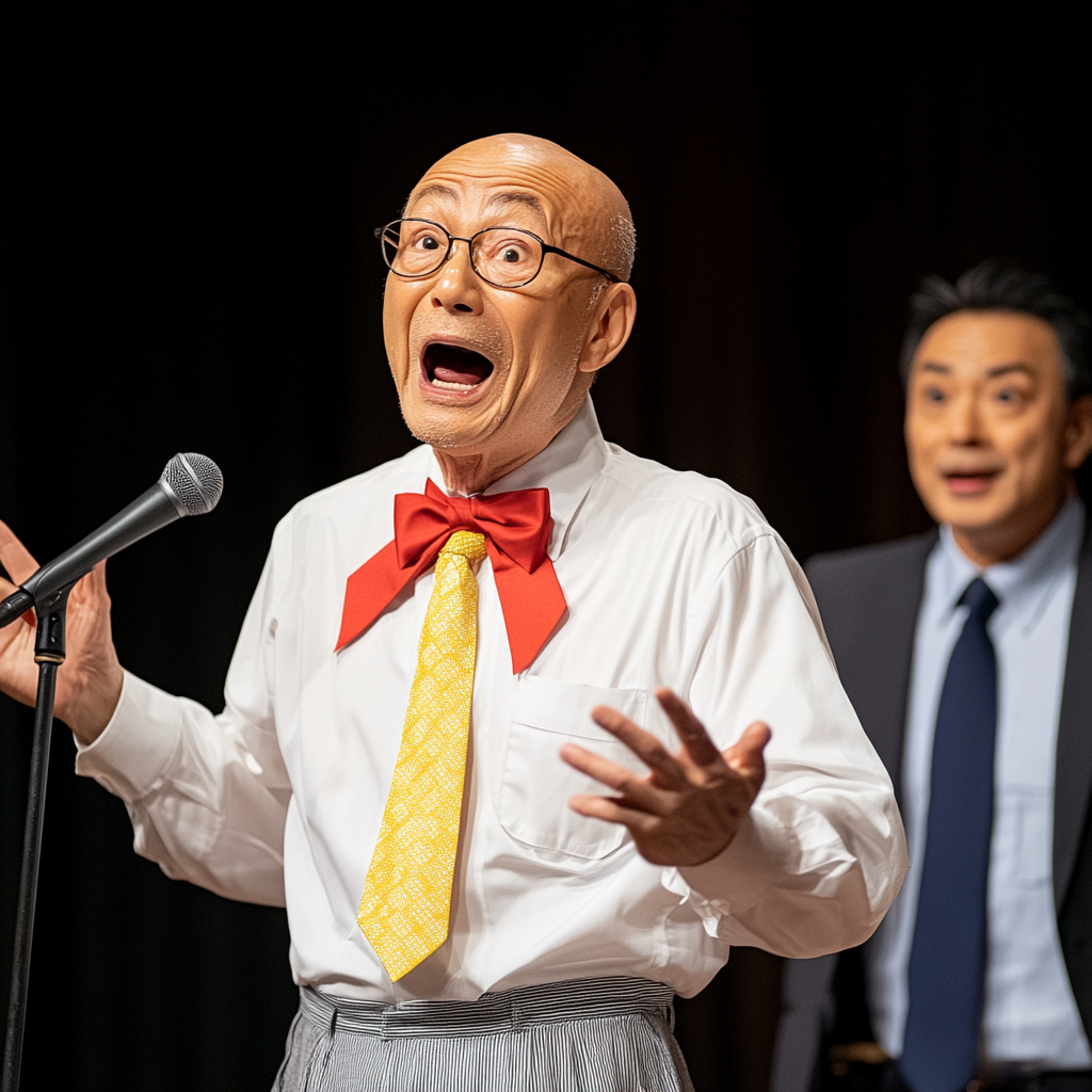 Old man comedian, middle-aged man speaks, man hurrying