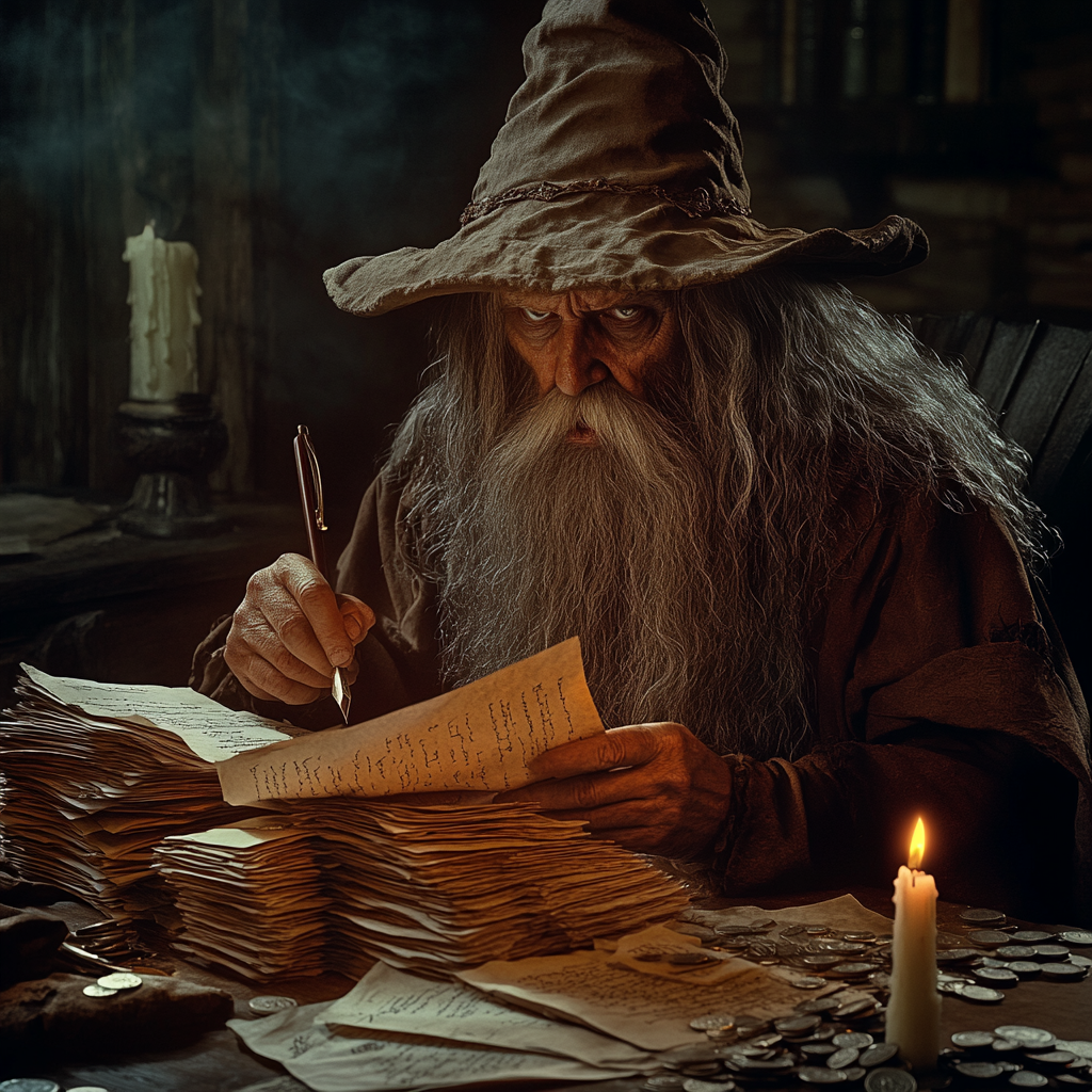 Old wizard in dusty room sorting papers