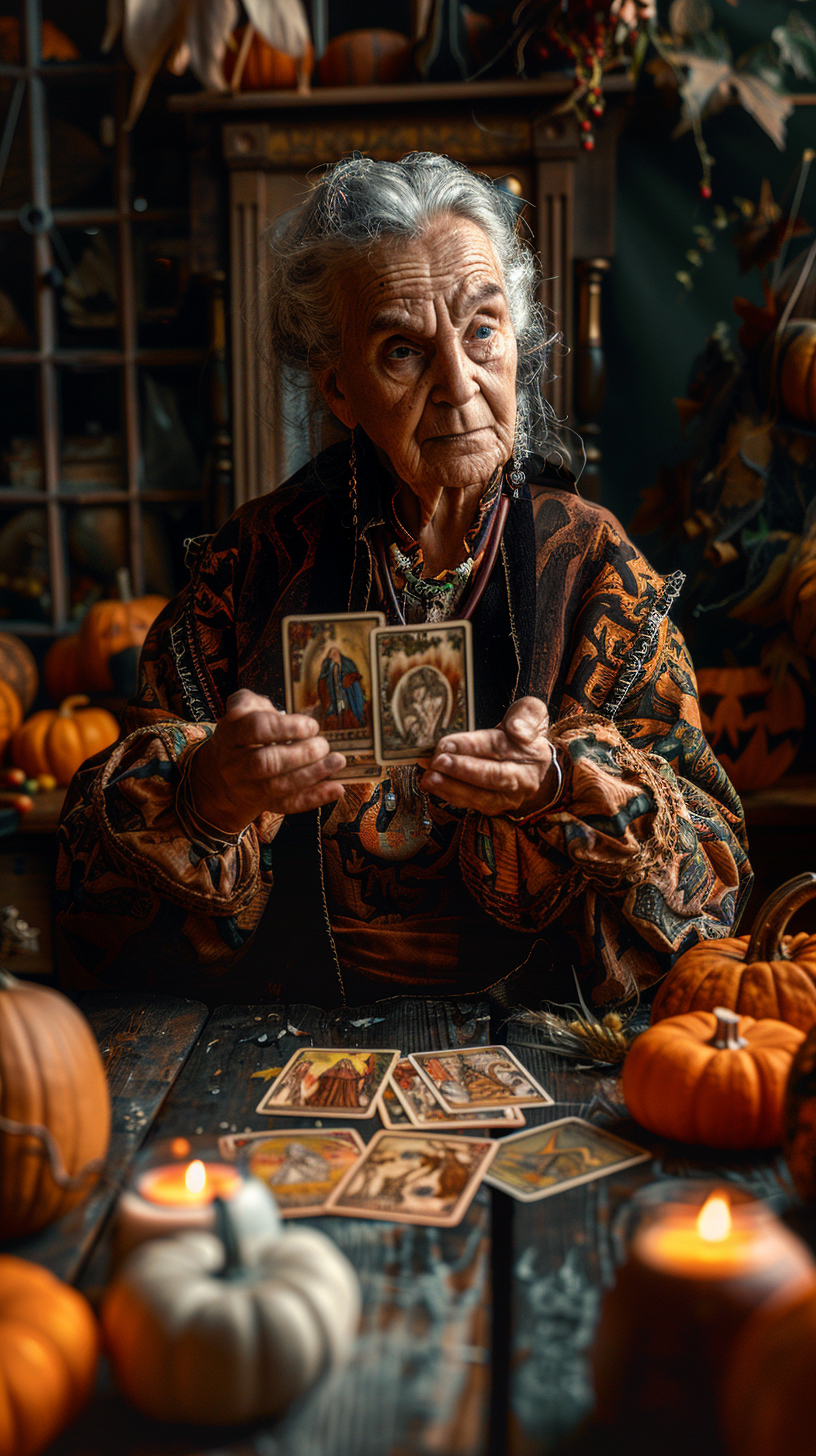 Old woman tarot reader surrounded by pumpkins and candles