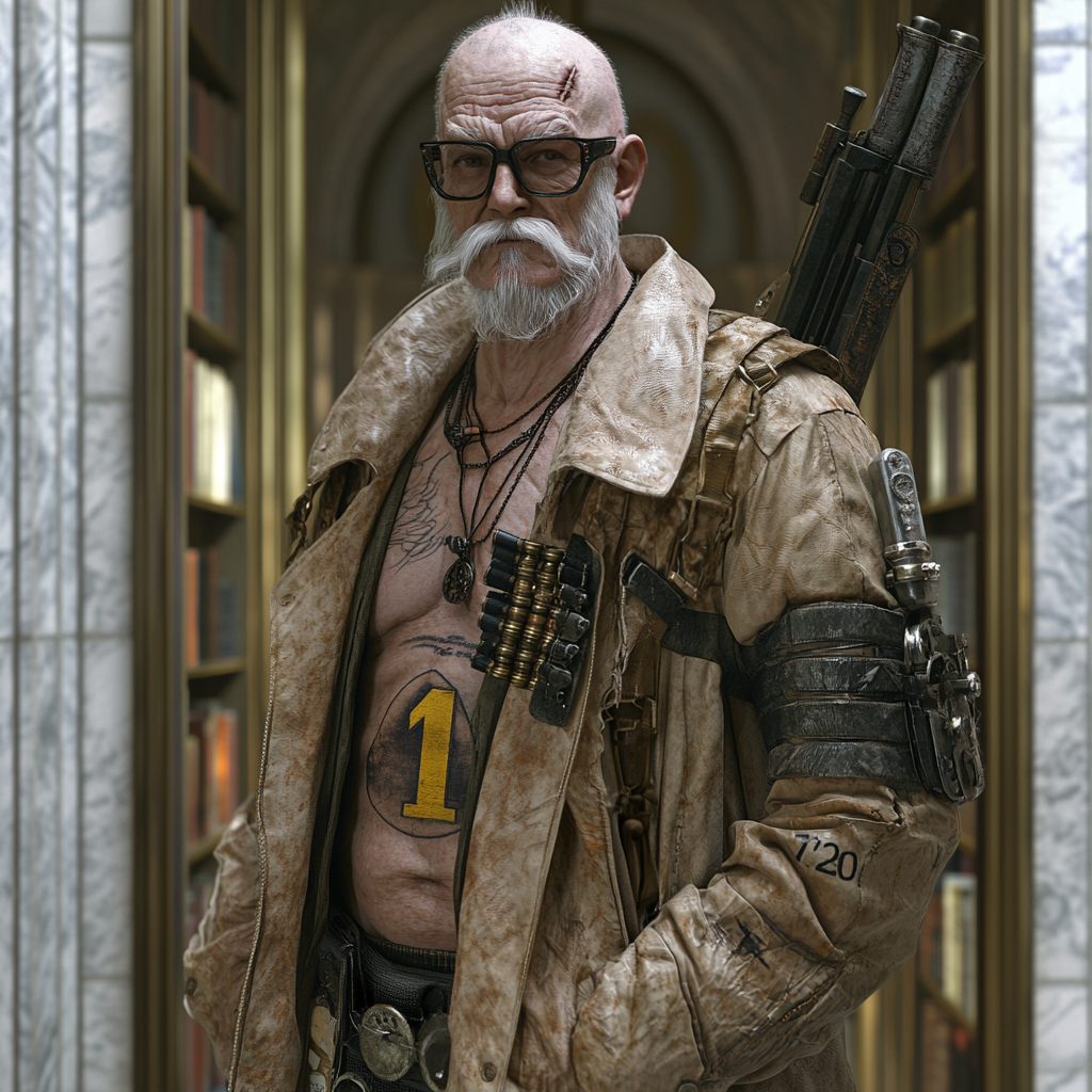 Older man with steampunk revolver in library doorway