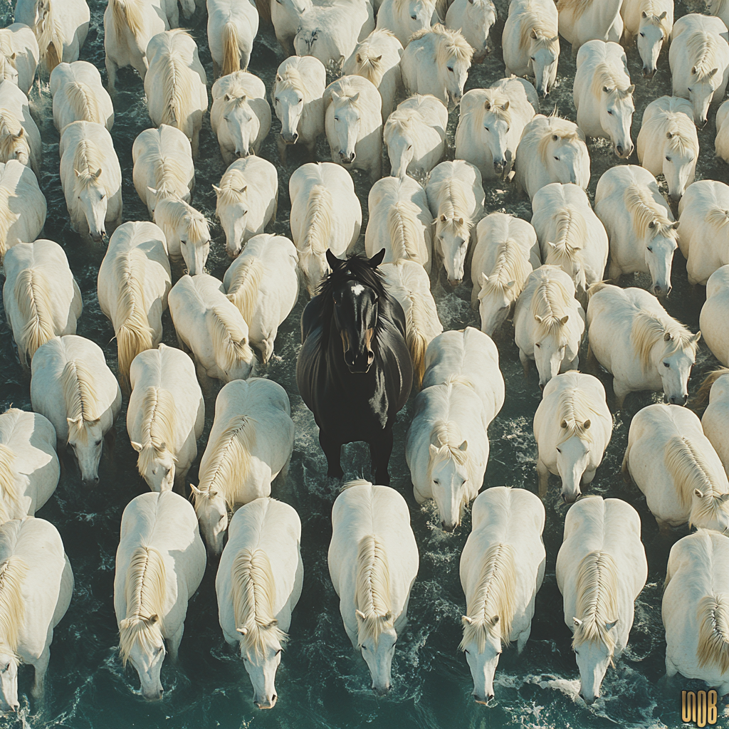 One black horse standing out in center.