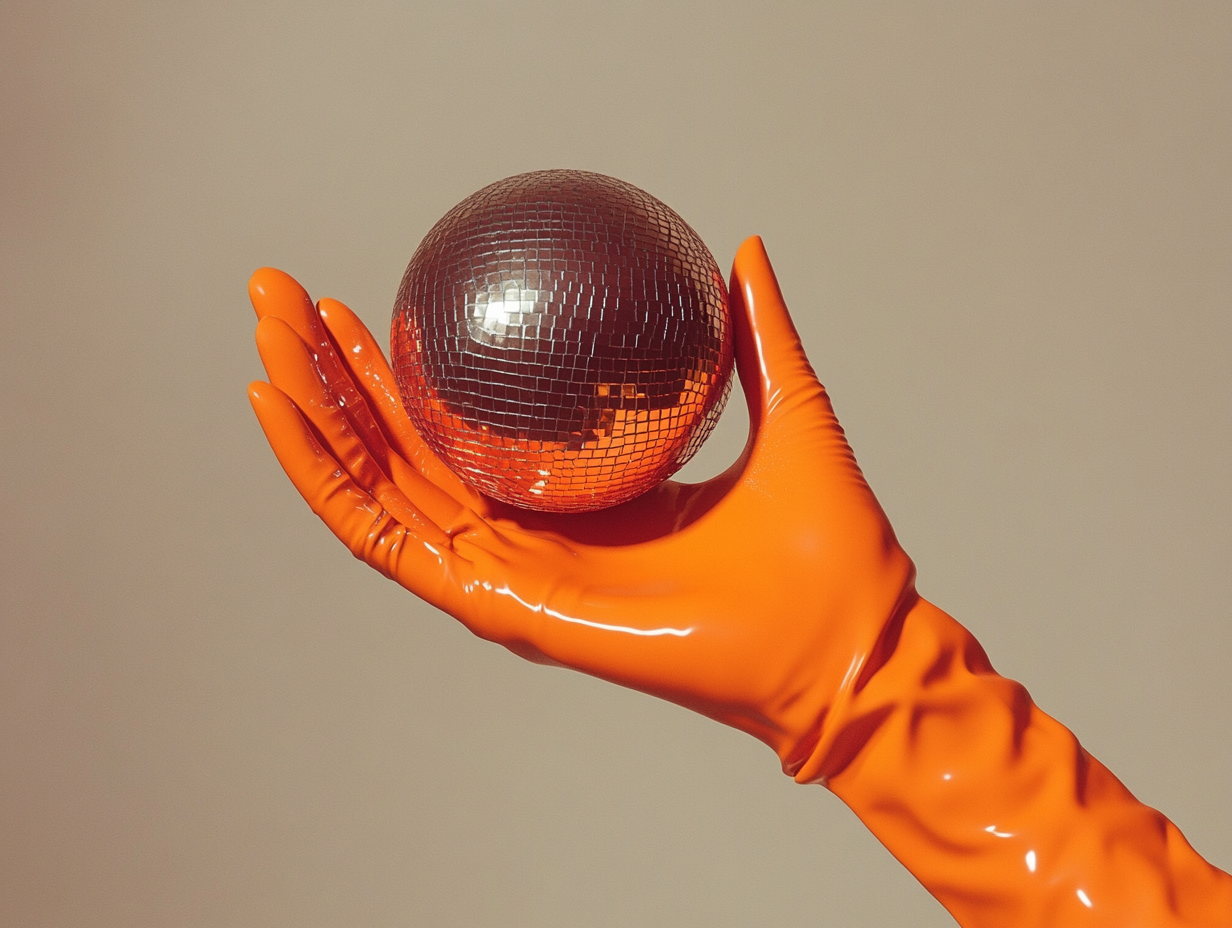 Orange glove holds disco ball in minimalistic style