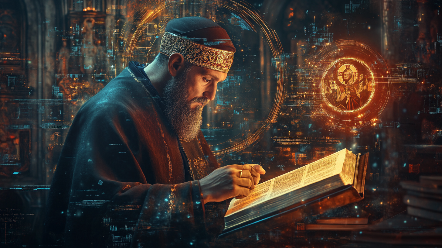 Orthodox Christian Monk Studies Sacred Knowledge with AI