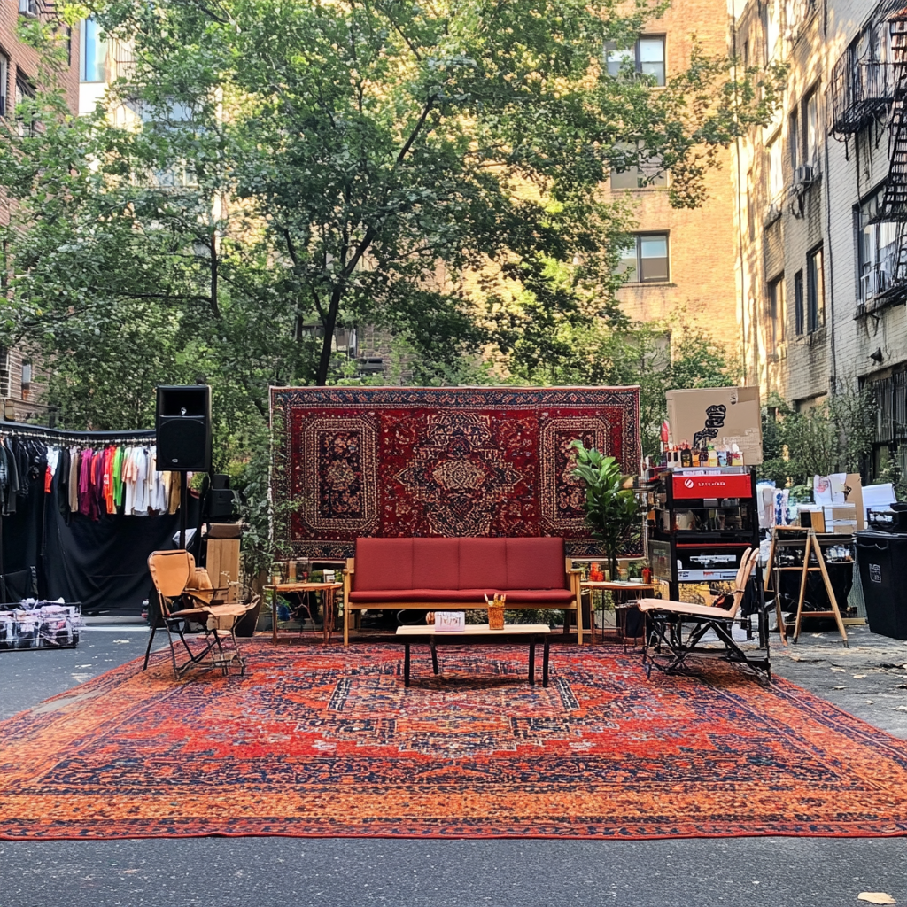 Outdoor living room with streetwear pop-up, DJ, coffee, cool people.