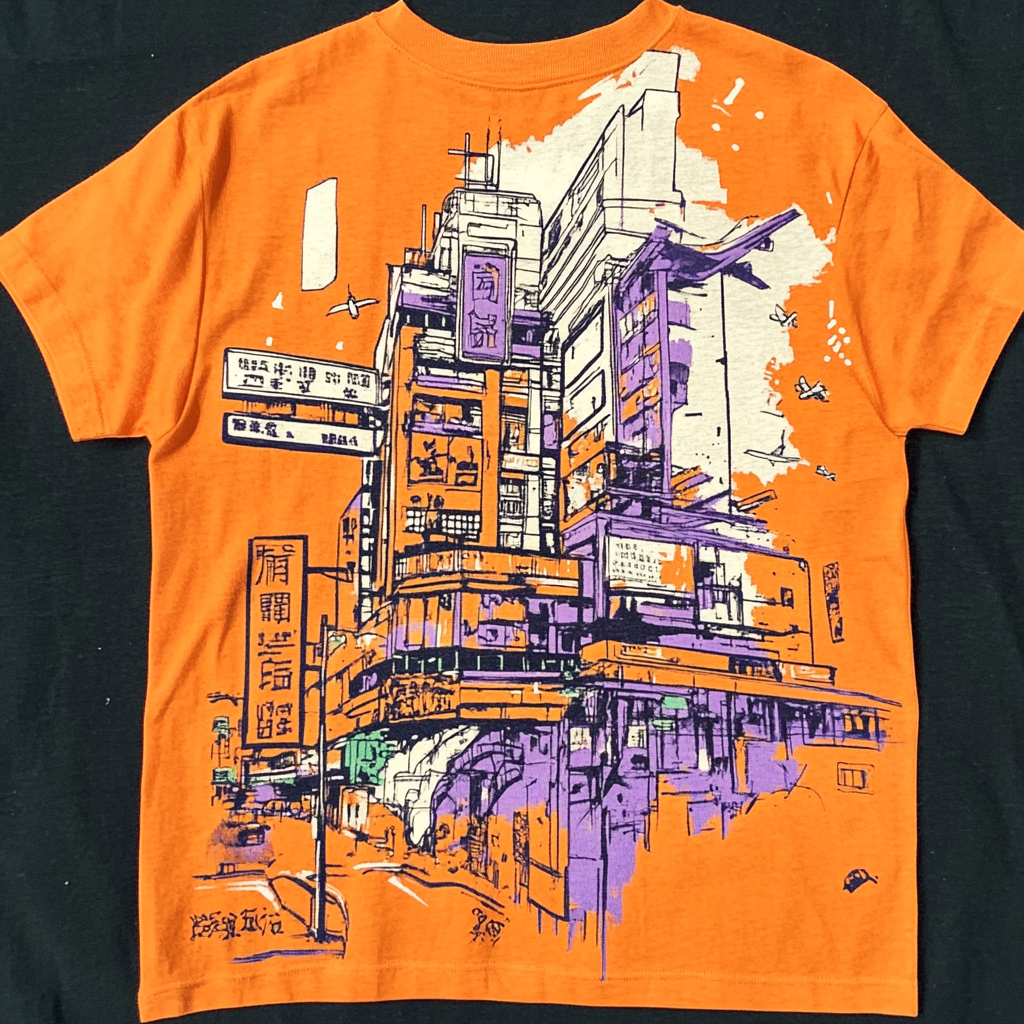 Oversized Asian-inspired orange T-shirt with city elements