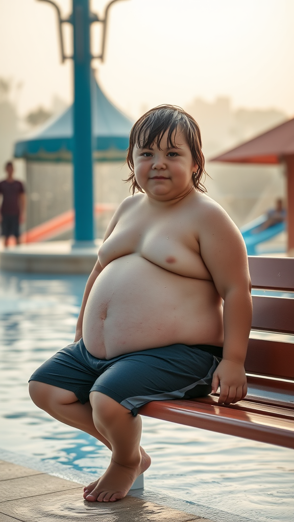 Overweight Boy Resting on Bench at Waterpark Morning