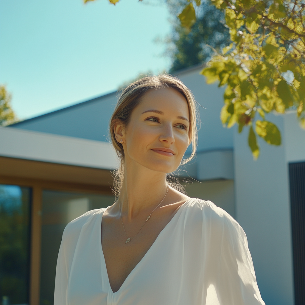 Owner wears white, stands by modern sunny home