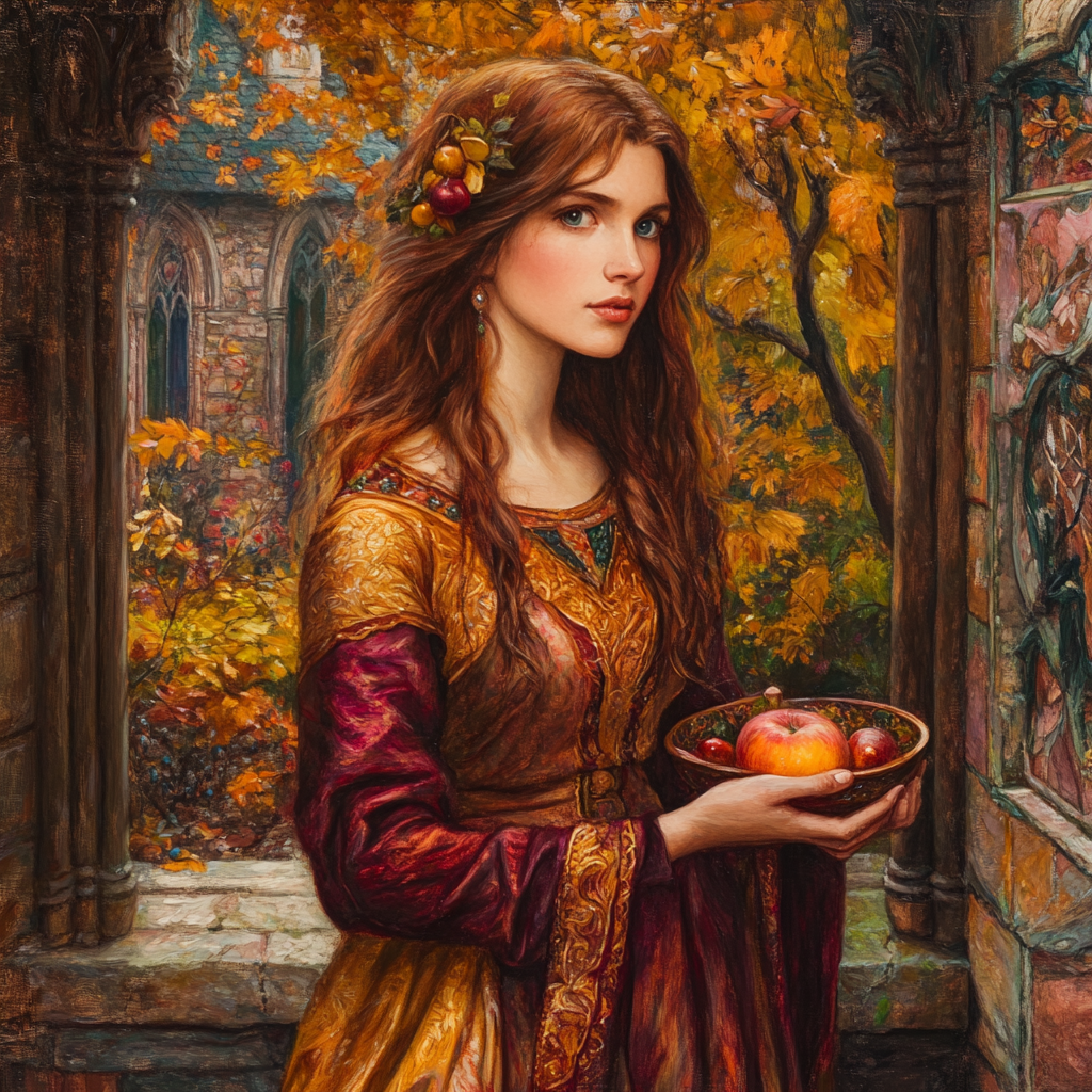 Painting in Pre-Raphaelite style: September essence in rich, saturated colors.