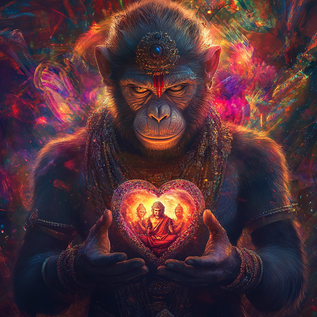 Painting of Hanuman Holding Divine Heart with King and Queen