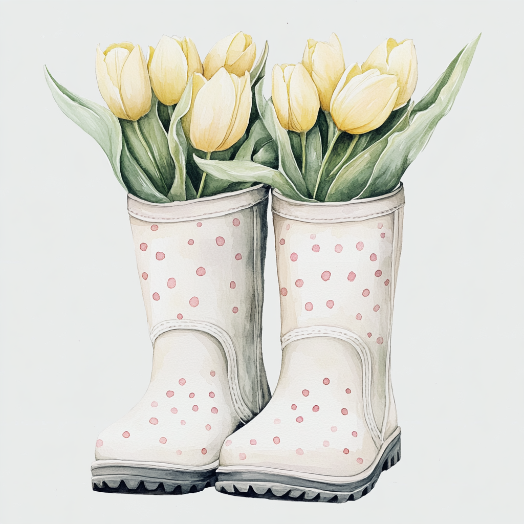 Pair of white wellies with pastel pink design