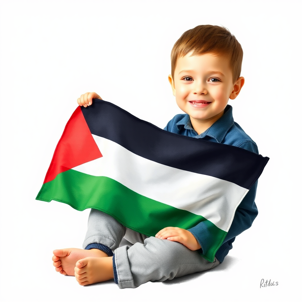 Palestinian boy proudly holds flag art, smiles.