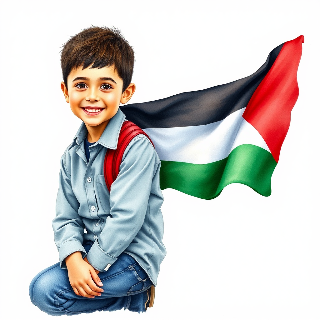 Palestinian boy proudly holds flag in drawing