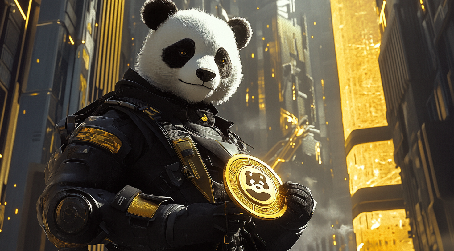 Panda superhero with golden coin in futuristic city