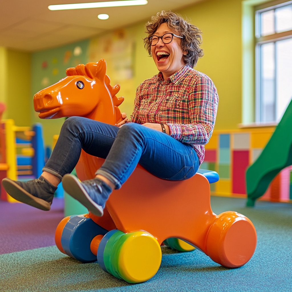 Parent playing joyfully on playground toy