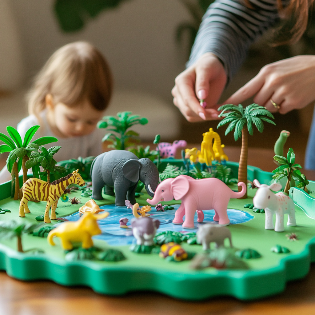 Parents and Child Play with Pink Toy Animals.