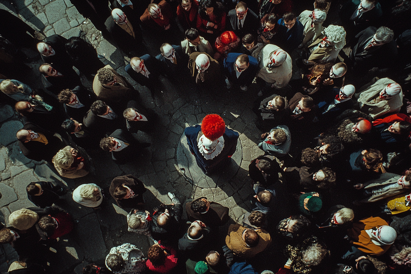 Paris square full of clowns looking up