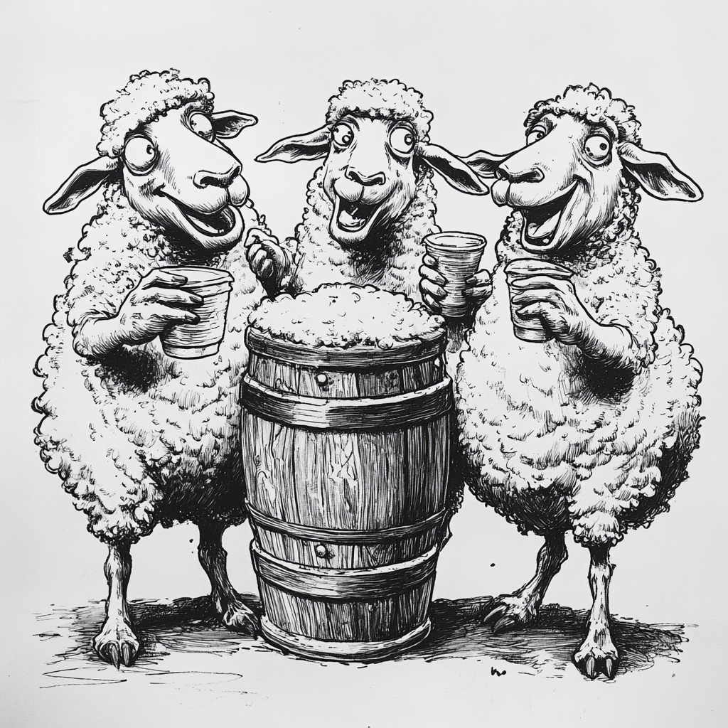 Party sheep around keg - one mischief, two drunk