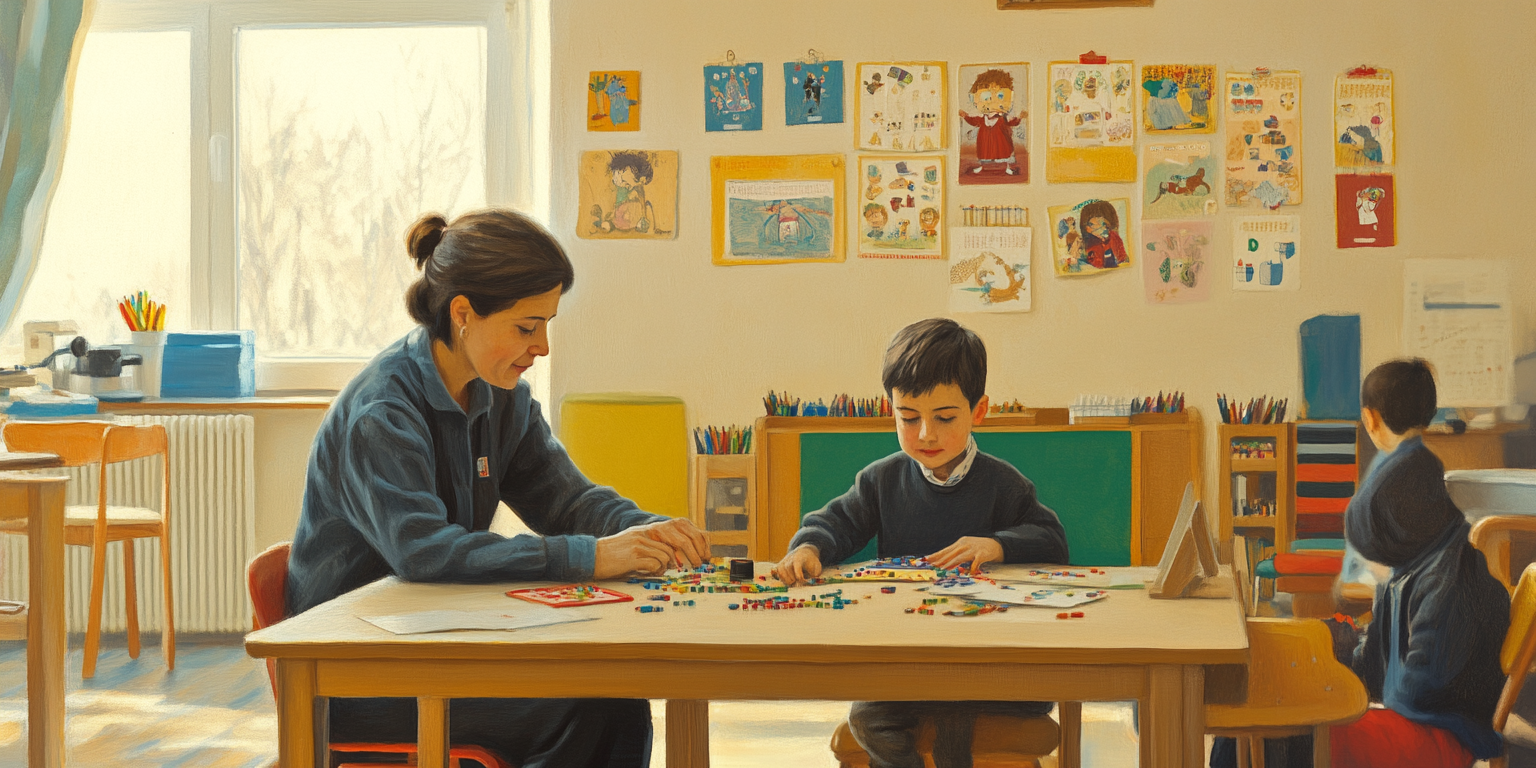 Patient teacher helps child with educational materials in classroom.