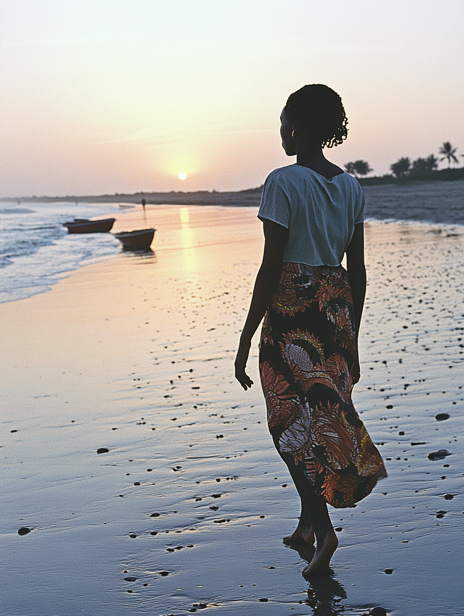 Peaceful Young Woman Walking on Beach at Sunset