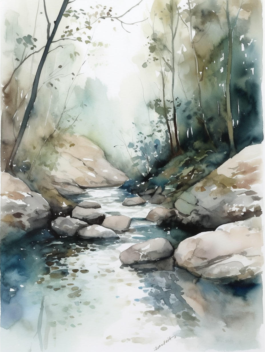 Peaceful forest stream in watercolor