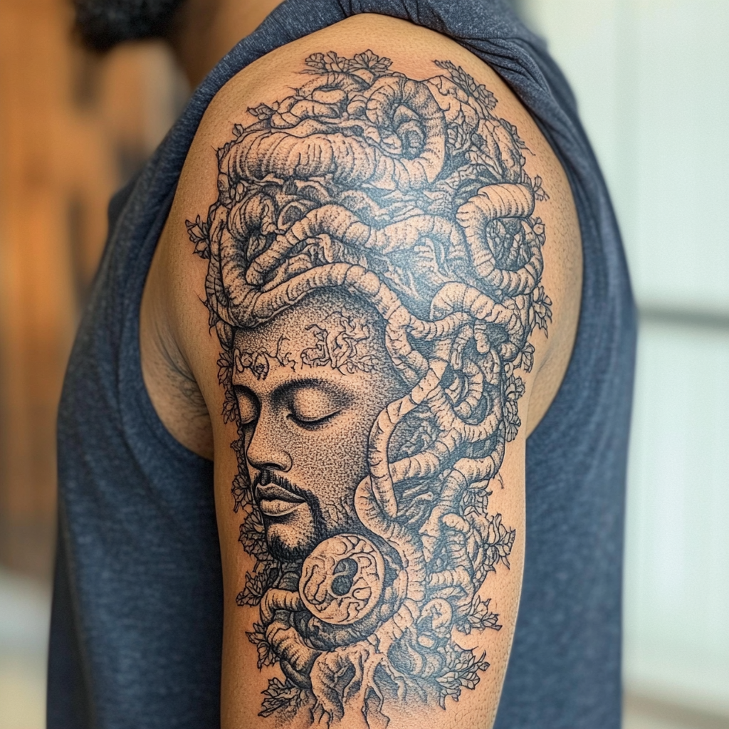 Peaceful human head tattoo with nature theme