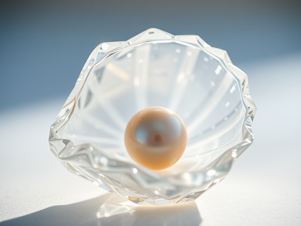 Pearl in crystal shell shimmering with ethereal glow.