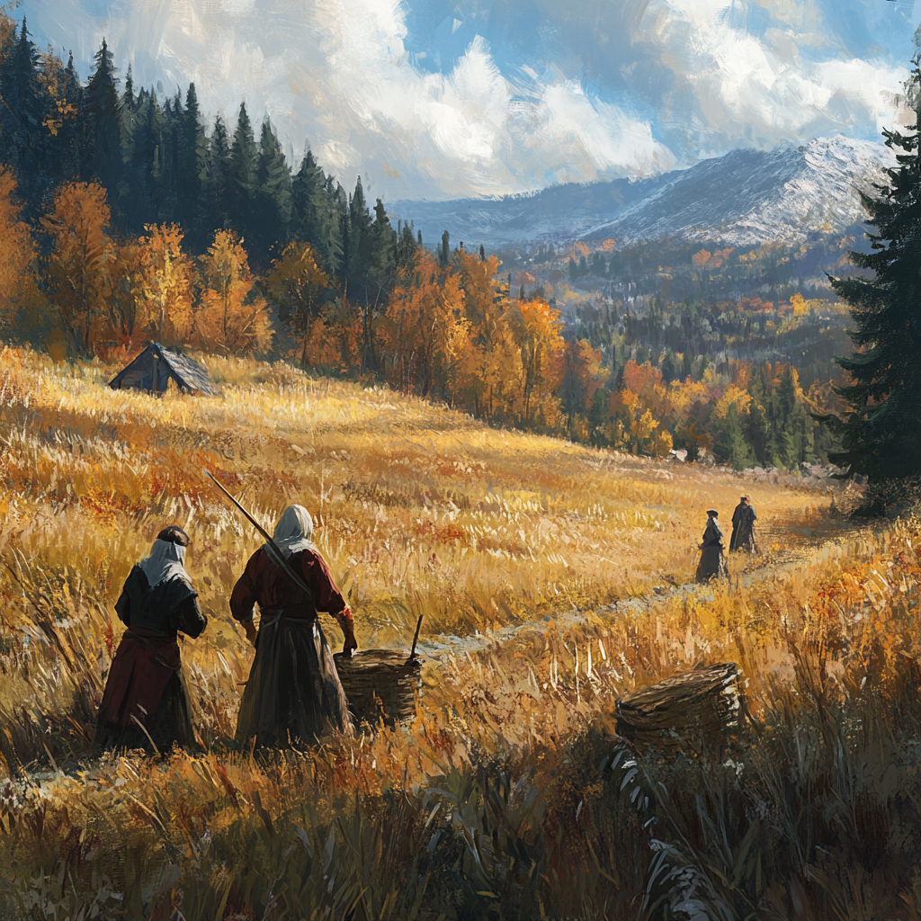 Peasants labor in autumn field with distant forest