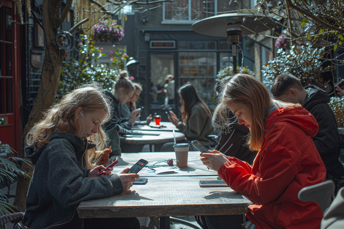 People Using Phones at Sunny Pub Garden