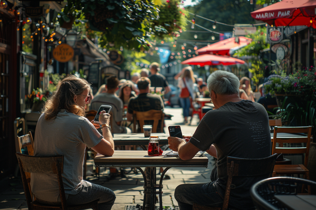 People Viewing Phones in Sunny Pub Garden