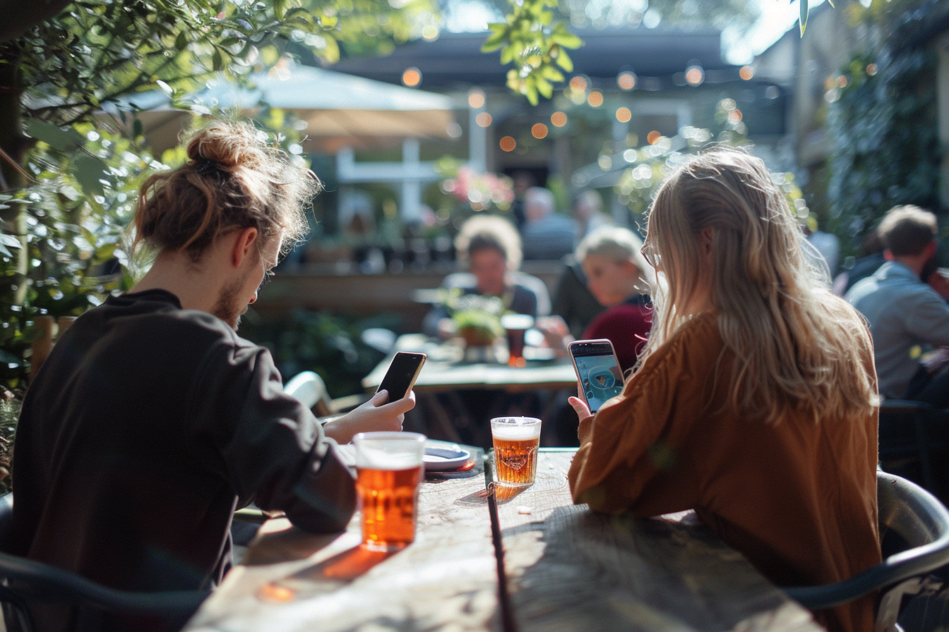 People at Sunny Pub Garden Using Phones