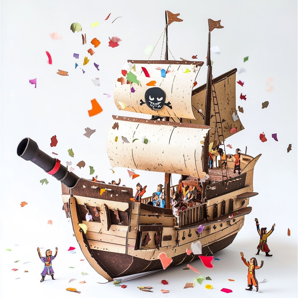 People cheer as cardboard pirate on ship spews confetti.