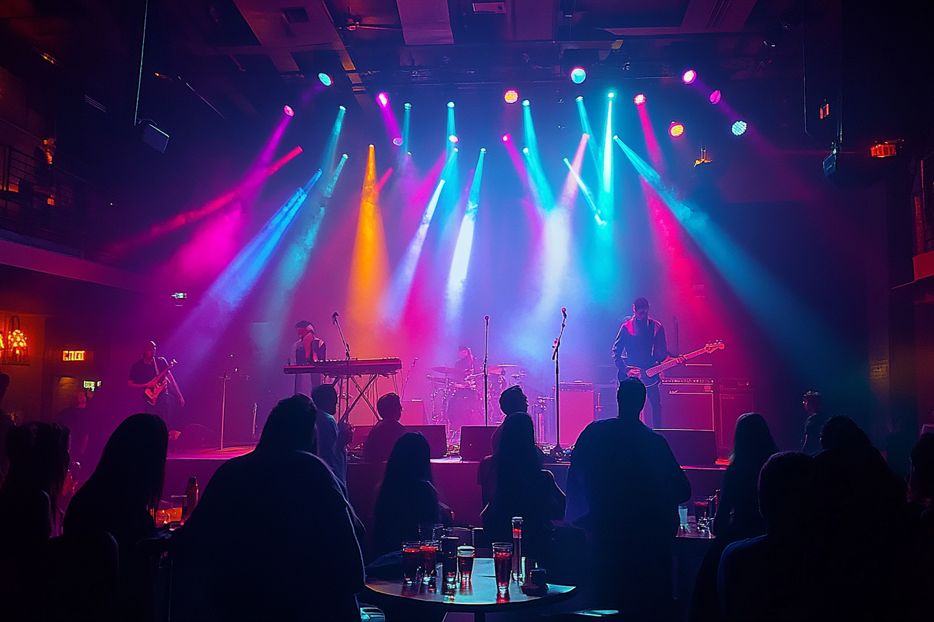 People enjoying music with colorful lights and tables