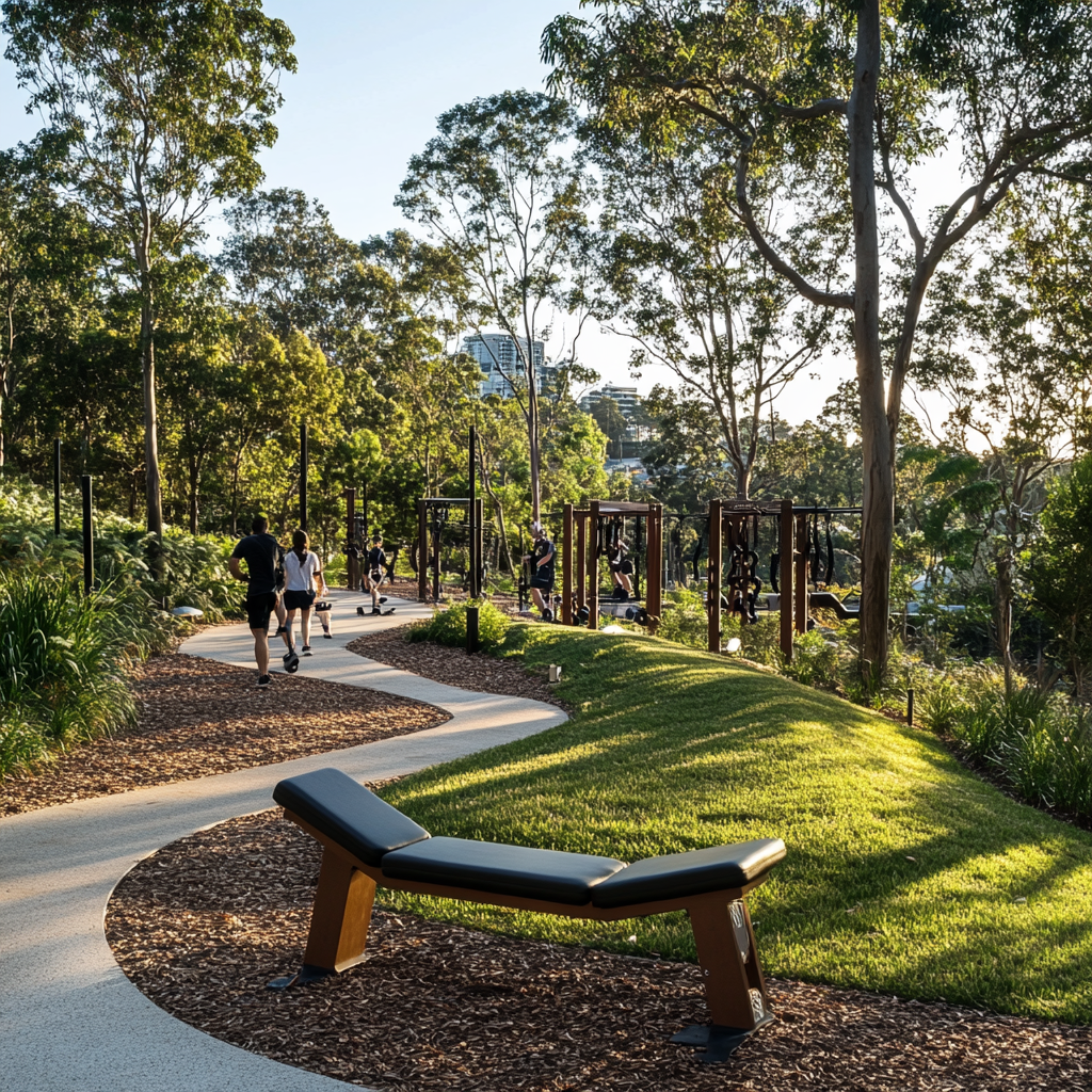 People exercising in outdoor gym surrounded by nature