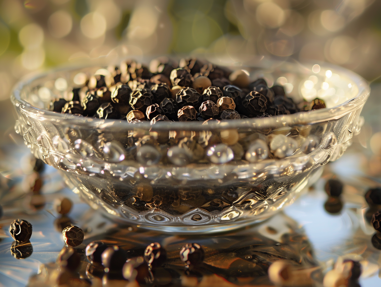 Peppercorns Floating in Glass Bowl under Natural Light