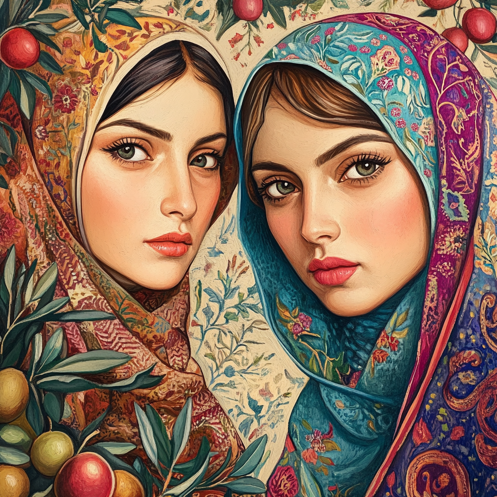 Persian women picking olives with colorful headscarves proudly.