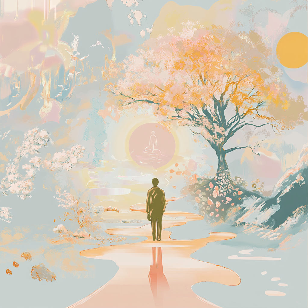 Person at intersection of growth paths in soft colors