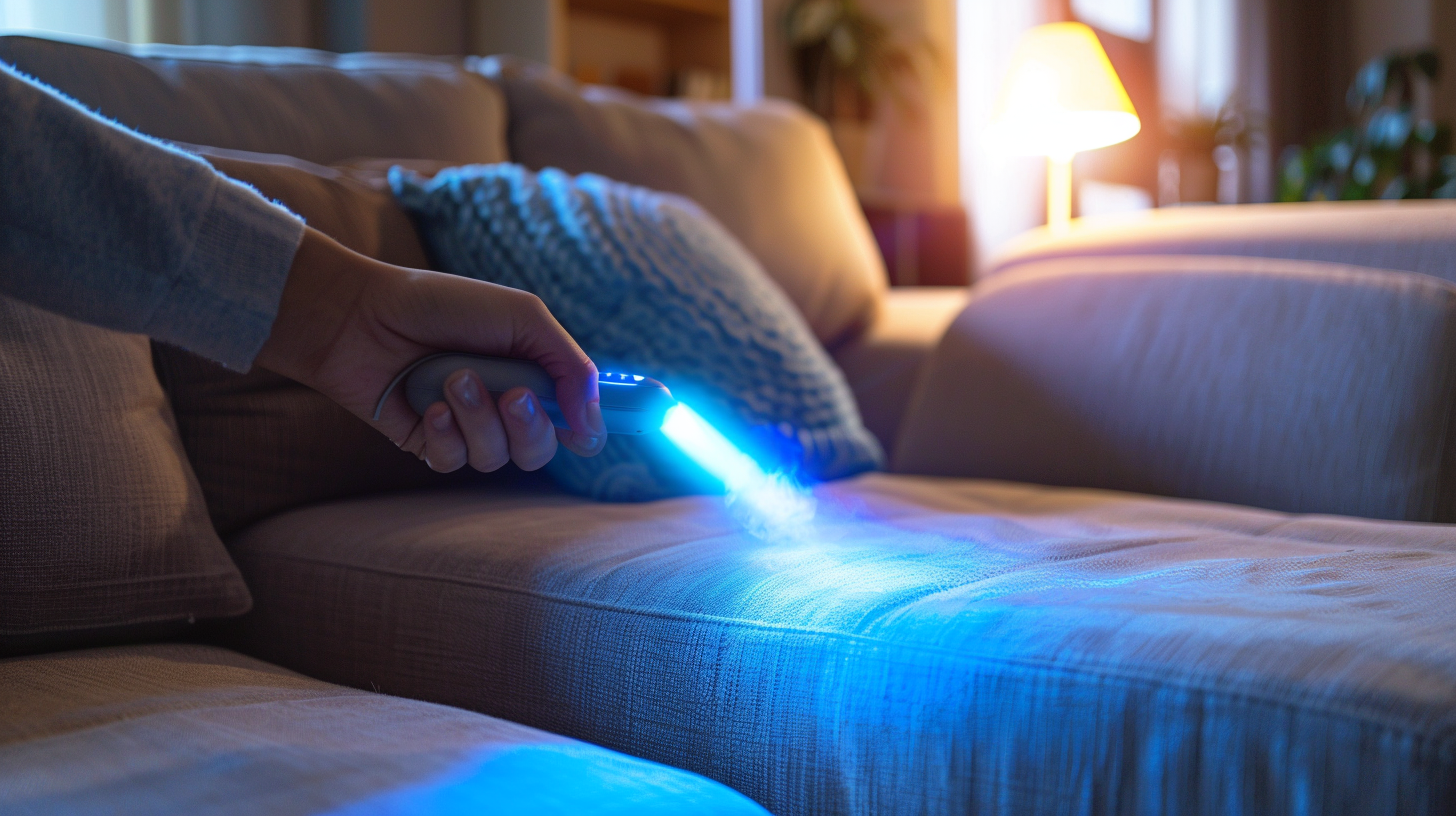 Person cleaning sofa with blue light in room